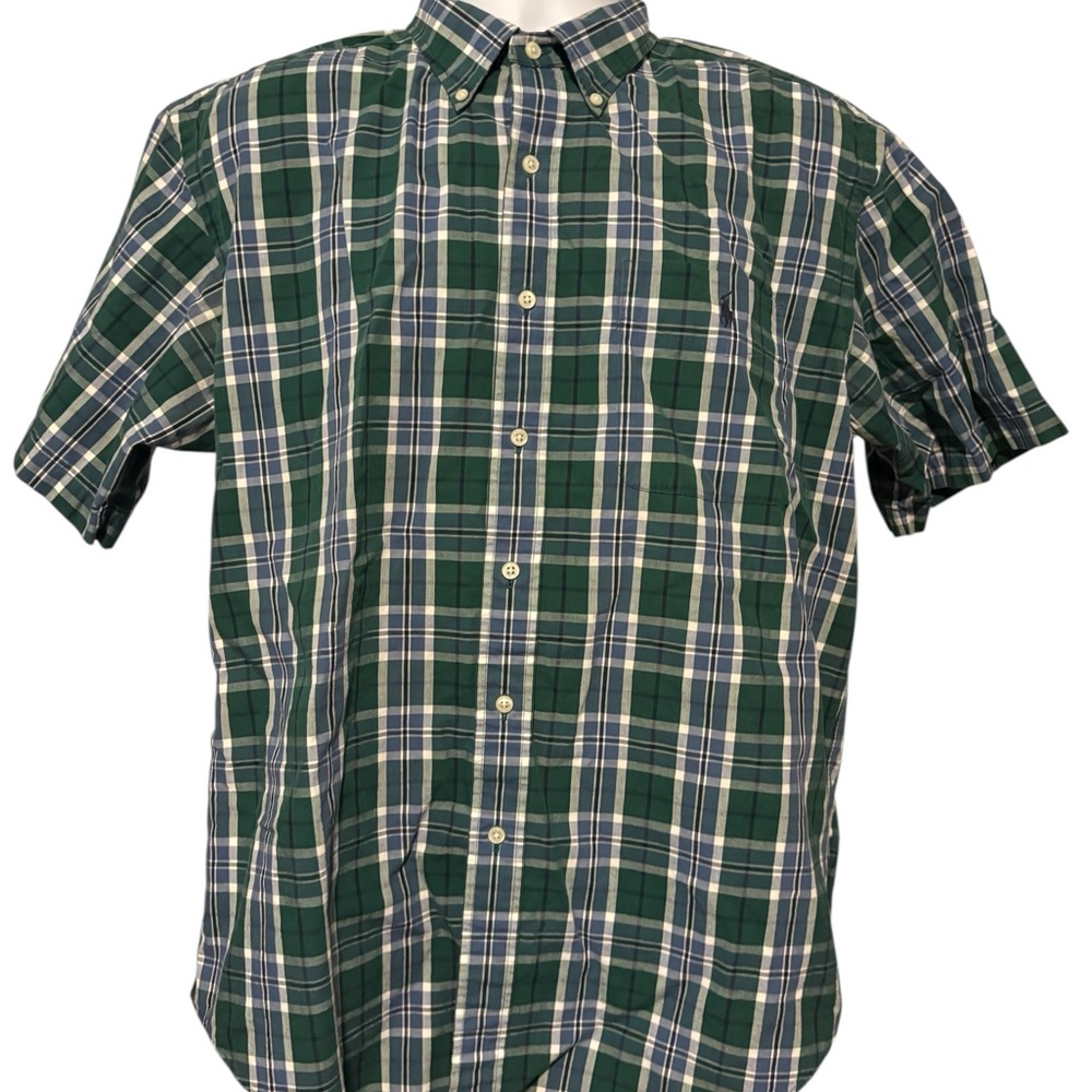Men’s Ralph Lauren Bartlett Plaid Short Sleeve Button Down Shirt Green Blue L